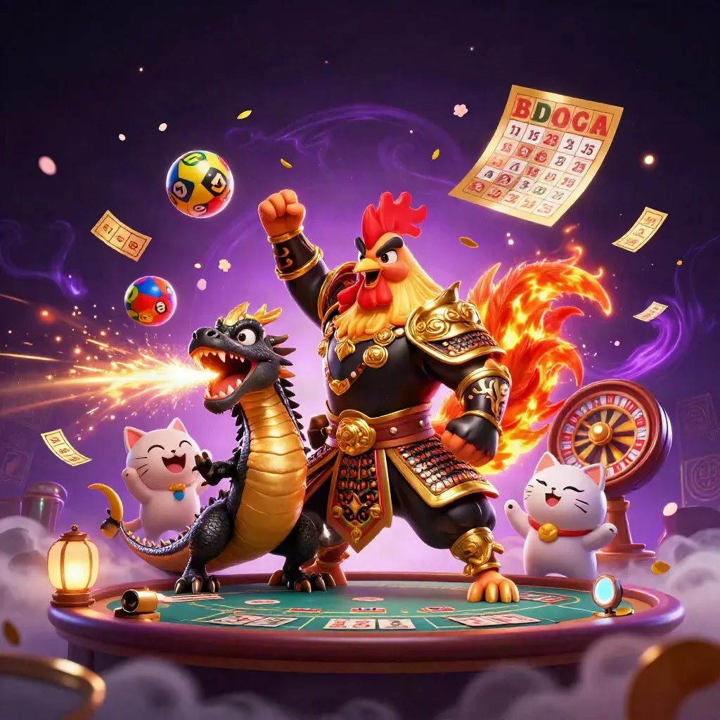 Rooster warrior, dragon hatchling, and fortune cat amid casino chaos in neon gold and teal.