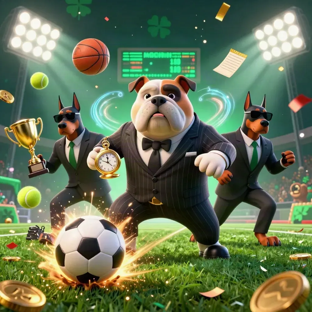 Bulldog boss and Dobermans amid flying sports balls, trophy, coins and stadium lights on dark emerald turf.