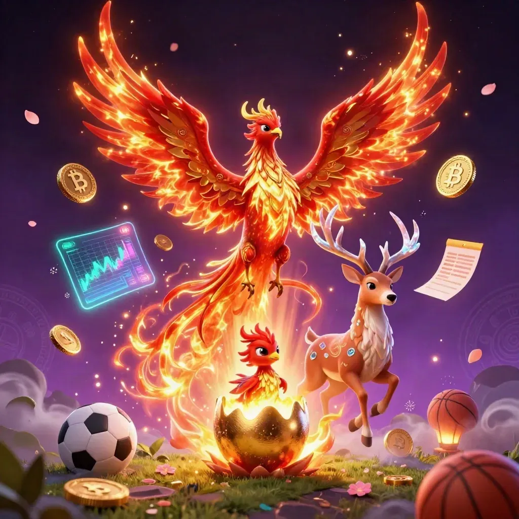 Fire phoenix, baby phoenix, stag, glowing coins, soccer ball and basketball in a magical casino scene.