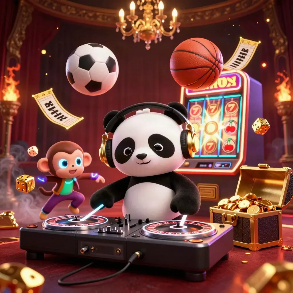 Cartoon panda DJ, dancing monkey, glow-kitten, and casino loot exploding in a luxe dark sports-casino scene.