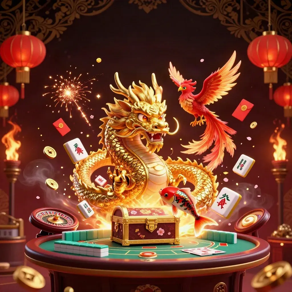 Golden dragon and phoenix over treasure chest with casino motifs in luxe neon light.