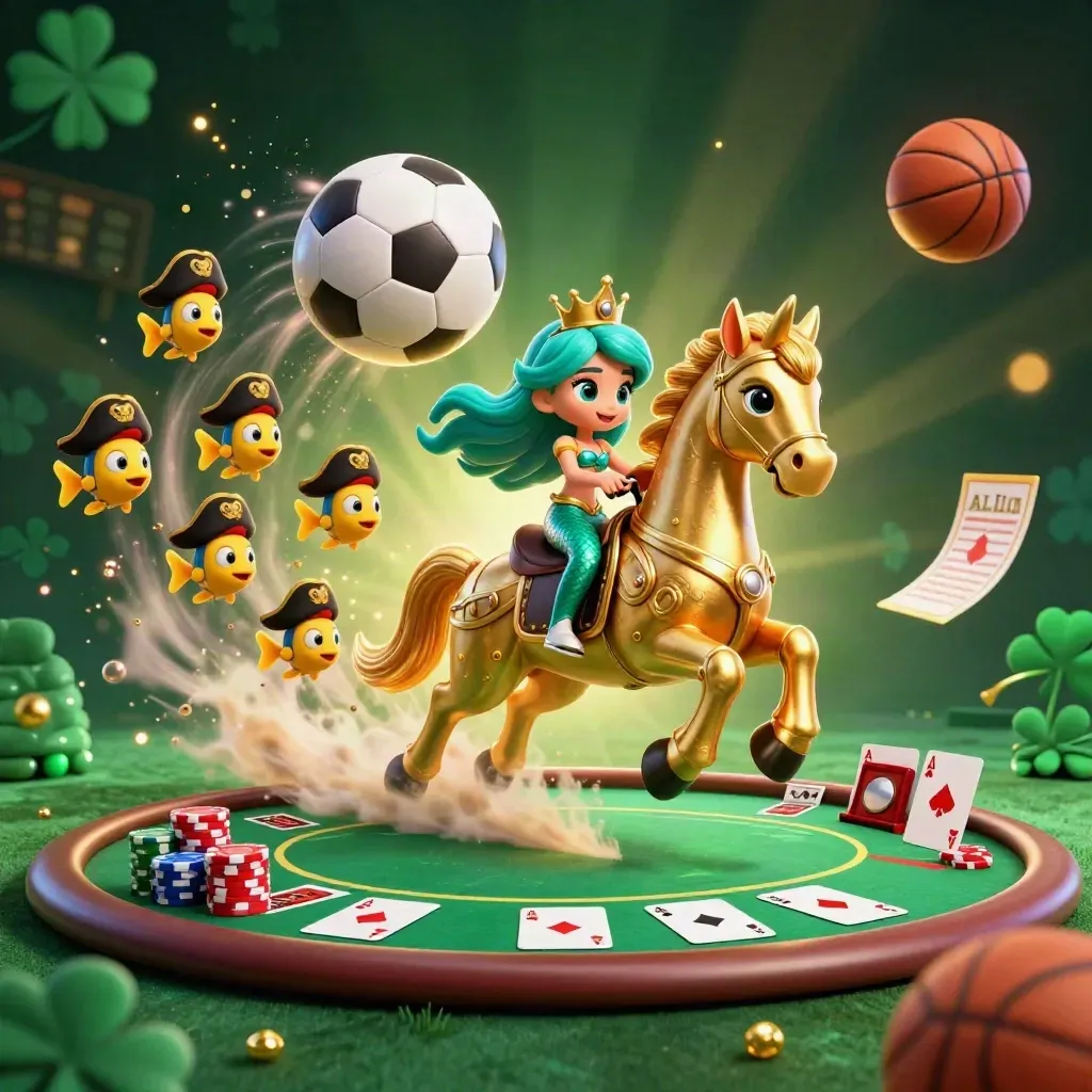 Mermaid princess on armored seahorse amid soccer ball, poker chips, fish, and casino glow