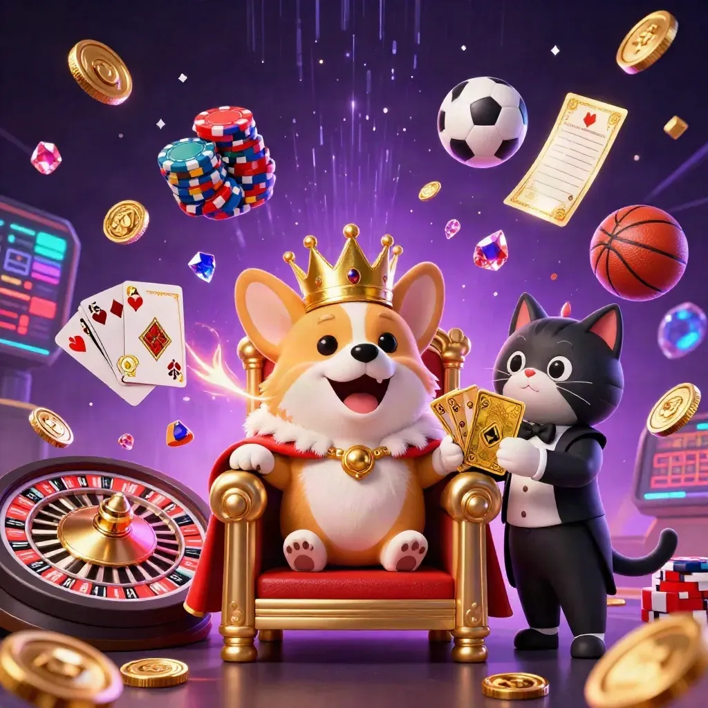 Crowned corgi and cat butler amid flying chips, coins, sports balls, and neon casino energy.