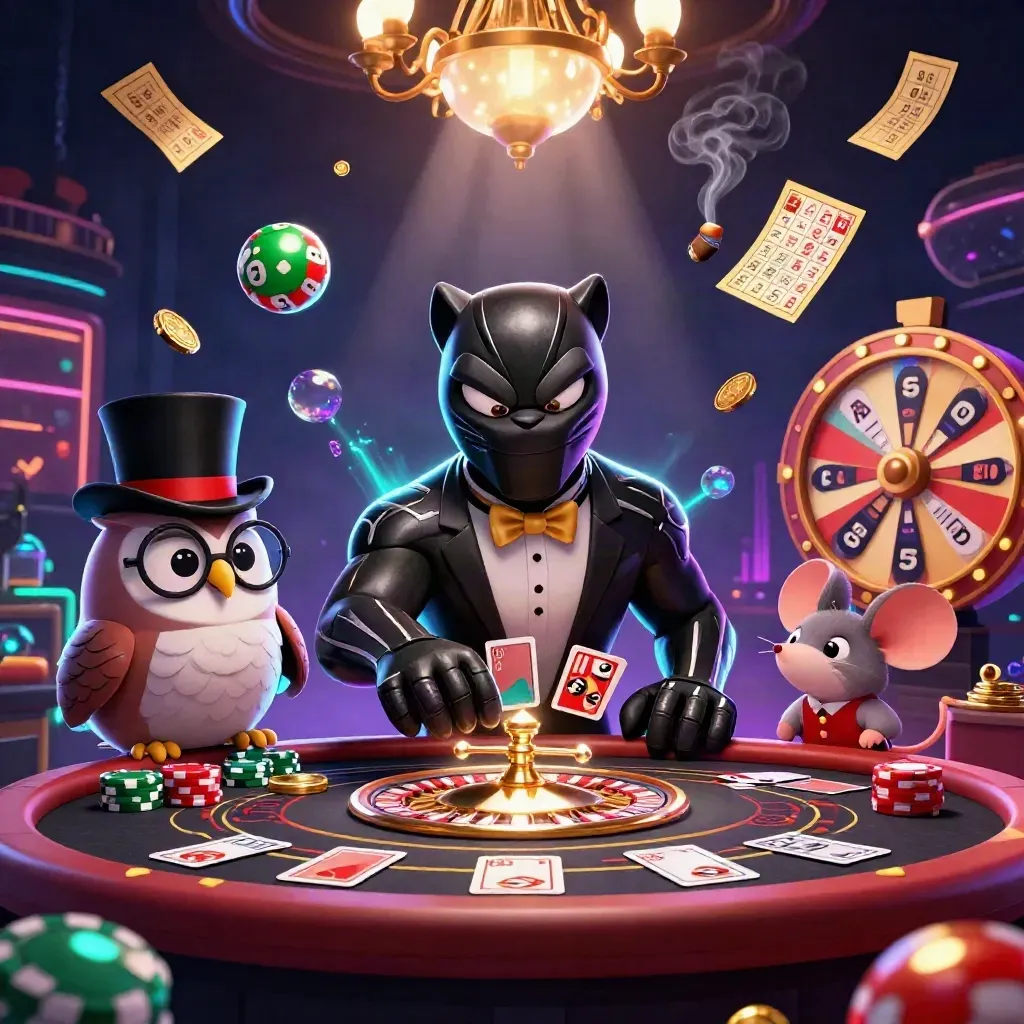 Panther, owl, and mouse in a luxe neon casino with roulette, cards, chips, and glowing effects