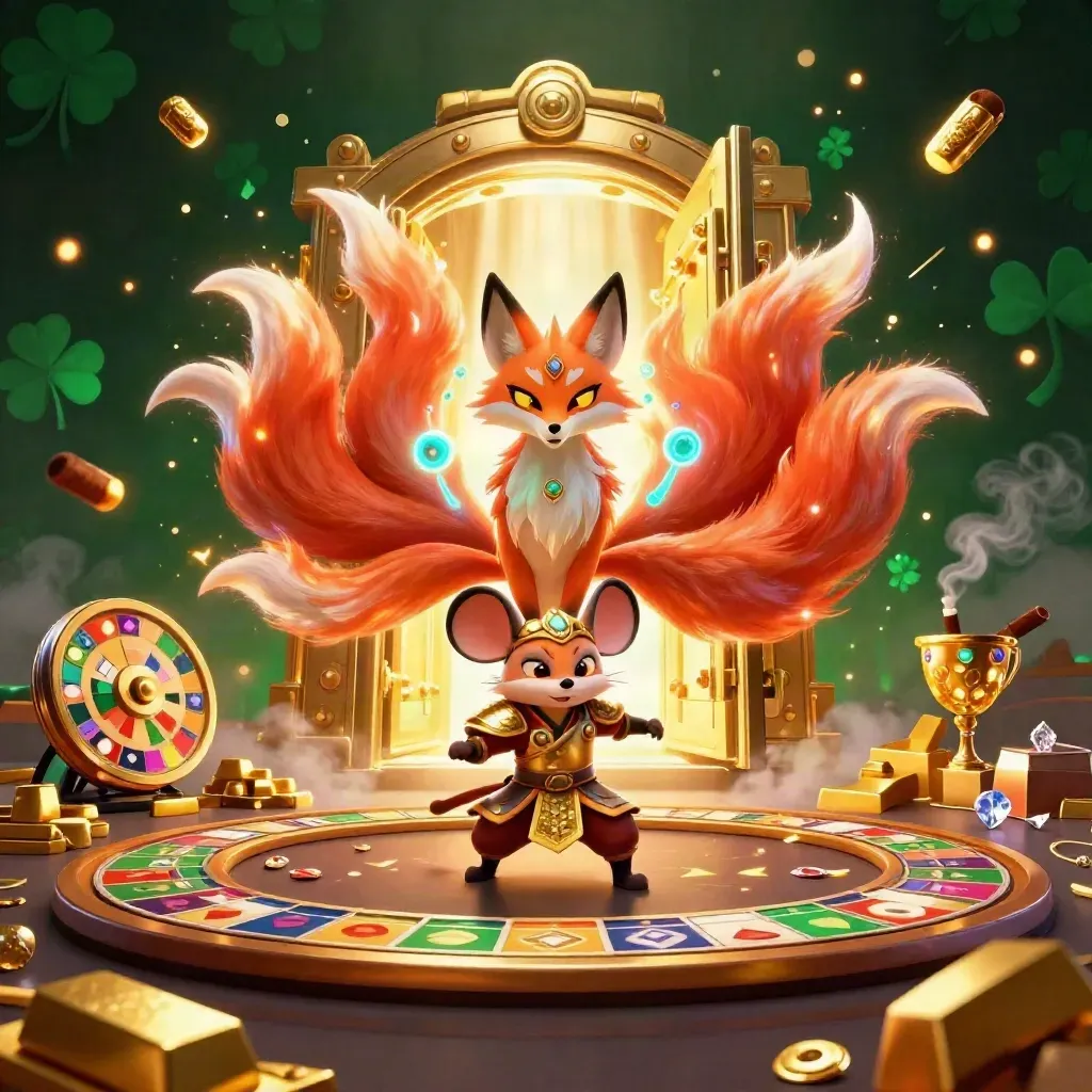 Fox spirit and samurai mouse amid vault gold, jewels, and casino glamour
