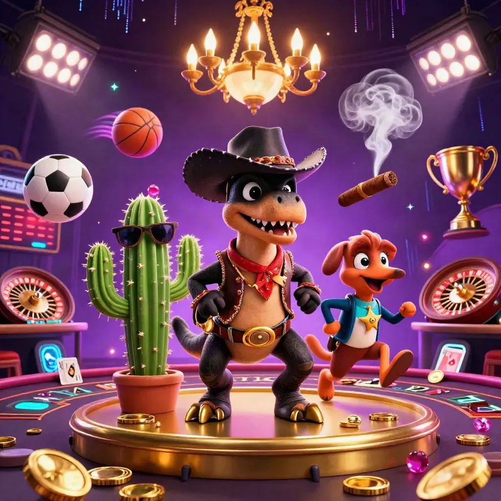 Cowboy T-Rex, cactus sidekick and roadrunner amid neon casino effects, trophy and spinning roulette wheel.