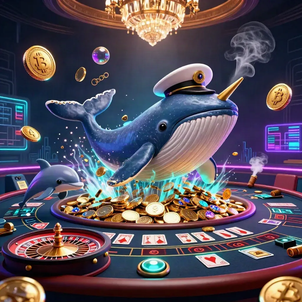 Whale, narwhal, and dolphins in a neon baccarat room with coins, wheel, and casino glow.