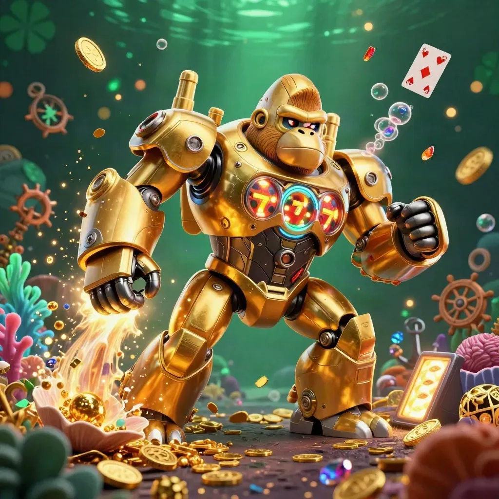 Golden gorilla mech with tiny monkey pilot bursts from an underwater treasure cove with gems and coin spray.