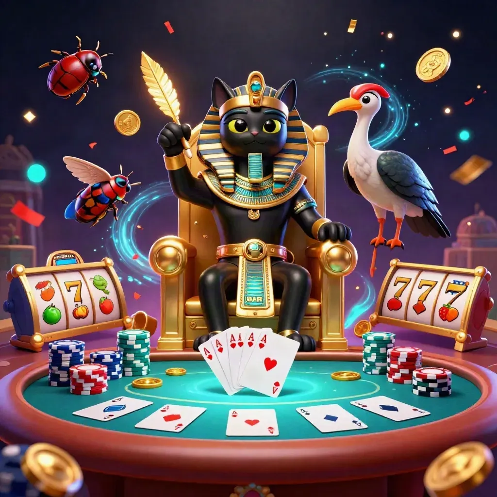 Pharaoh cat throne scene with ibis scribe, gem-wing scarabs, poker chips, aces, and teal magic