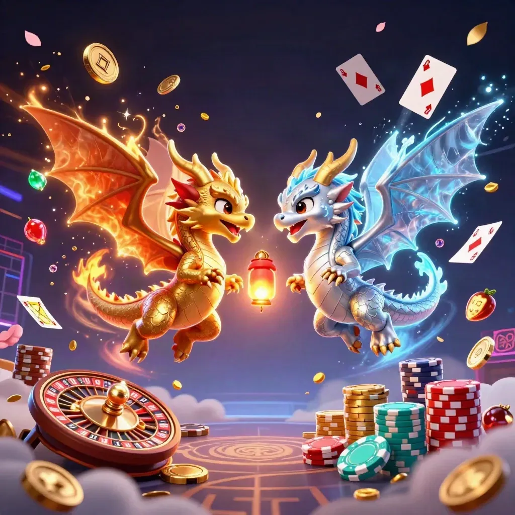 Twin gold and silver dragons spiral in fire and ice, with coins, gems, roulette wheel, and chips.
