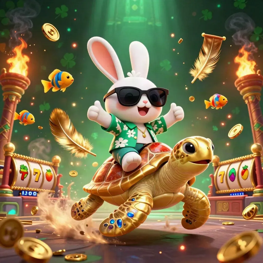 Lucky rabbit rides a gold sea turtle amid treasure, teal fire, and casino ruins
