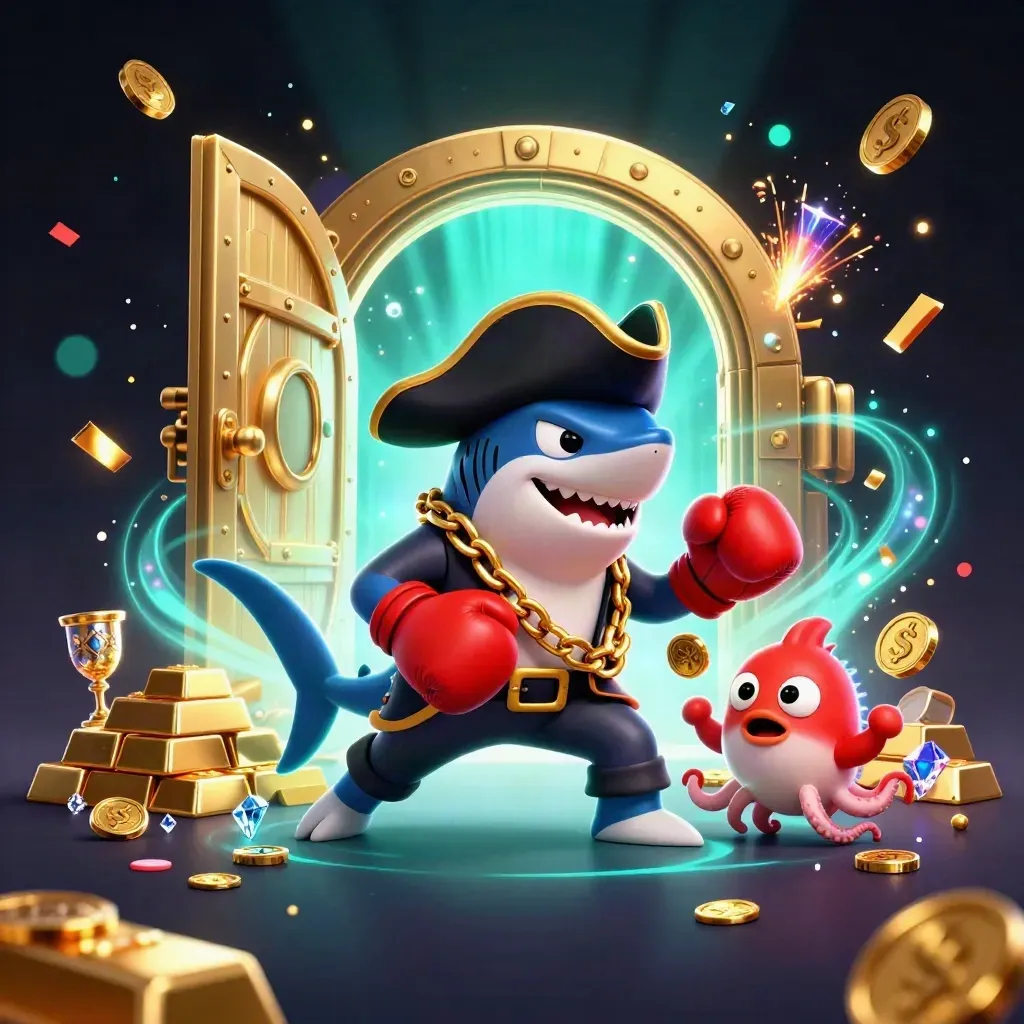 Pirate shark, boxing pufferfish, and coin-juggling octopus amid a glowing treasure vault burst