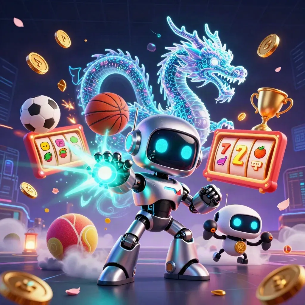Cyberpunk robot, holo dragon and coin drone amid neon sports loot and casino effects.