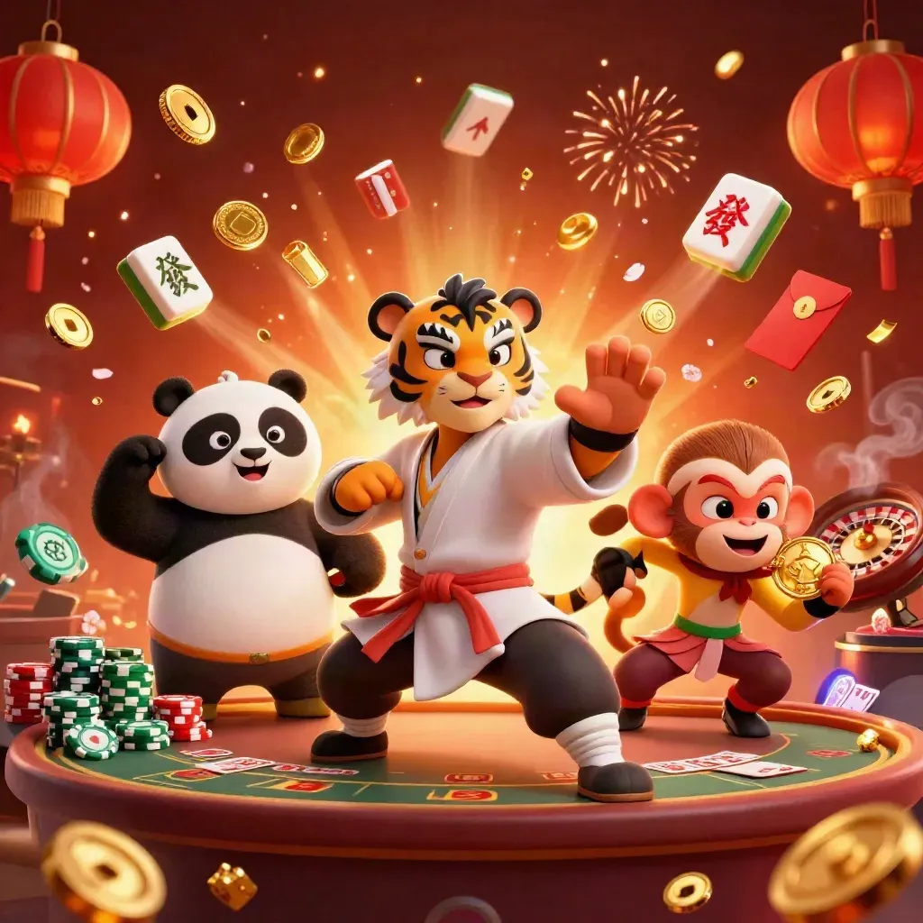 Tiger, panda, and monkey burst through casino treasure with coins, lanterns, and spinning wheel.