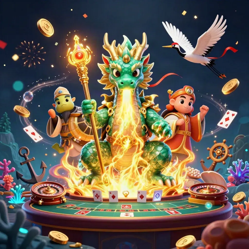 Emerald dragon, turtle sage, and cranes amid treasure, roulette wheel, fireworks, and gold coins