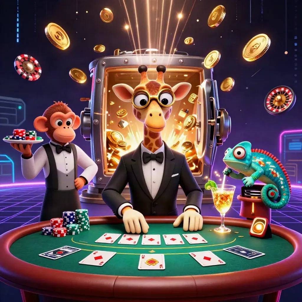 3D giraffe high roller, monkey valet, chameleon bartender amid exploding gold coins and casino glow