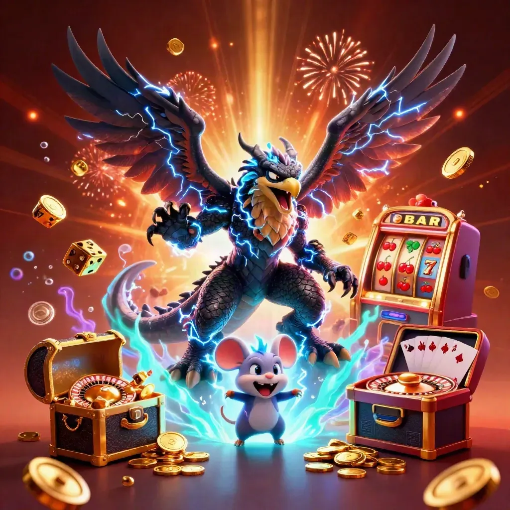 Thunder dragon, wind hawk, and thunder-mouse amid a jackpot vault burst, coins, fireworks, and casino symbols.