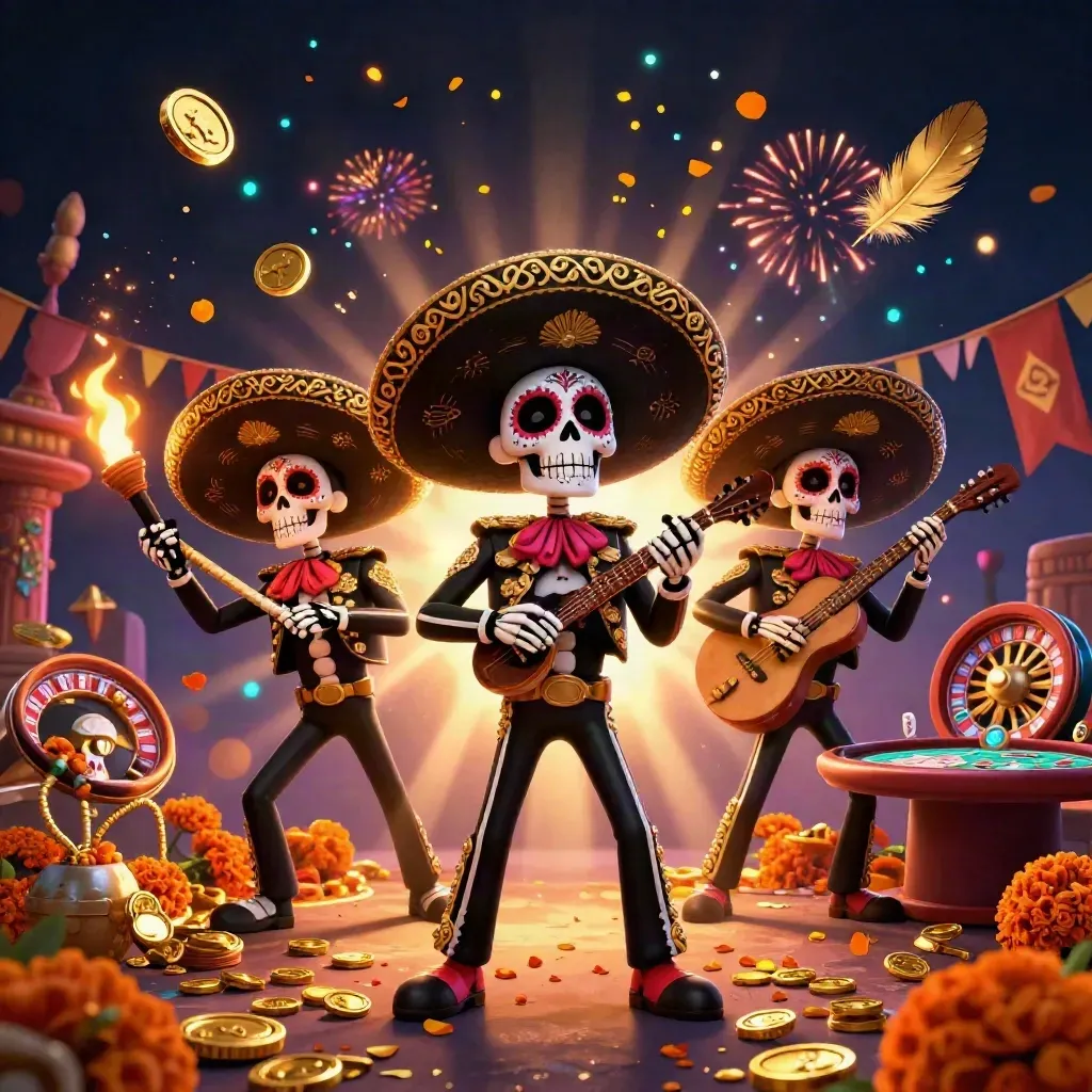 Skeleton mariachi trio celebrates amid gold coins, neon sparks, temple gate, and casino props.