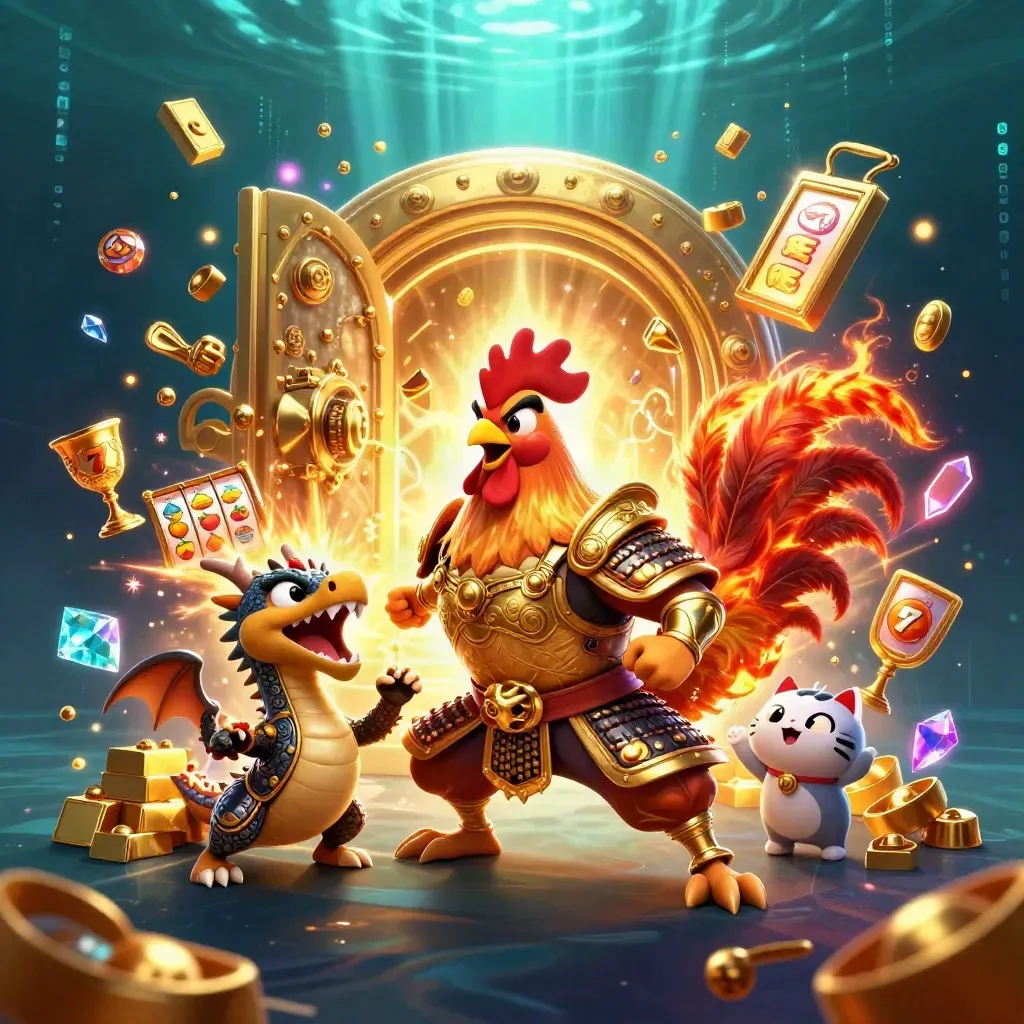 Rooster warrior, dragon hatchling, and fortune-cat burst from a glowing gold vault with casino riches