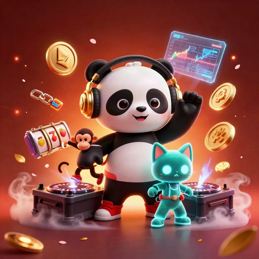 DJ panda, dancing monkey, and glow-stick kitten amid casino reels, coins, and neon effects.