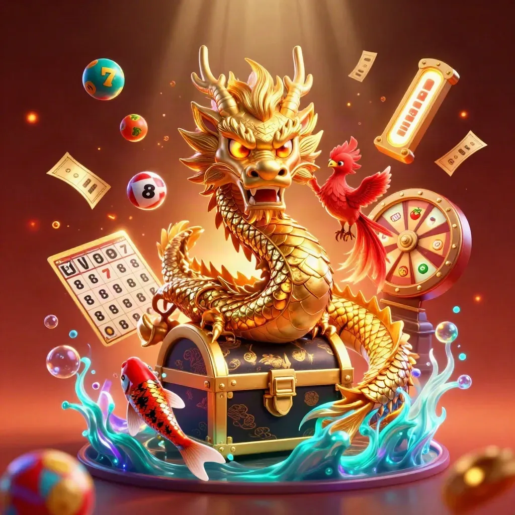 Golden dragon, phoenix, koi, and casino symbols explode in a neon treasure scene.