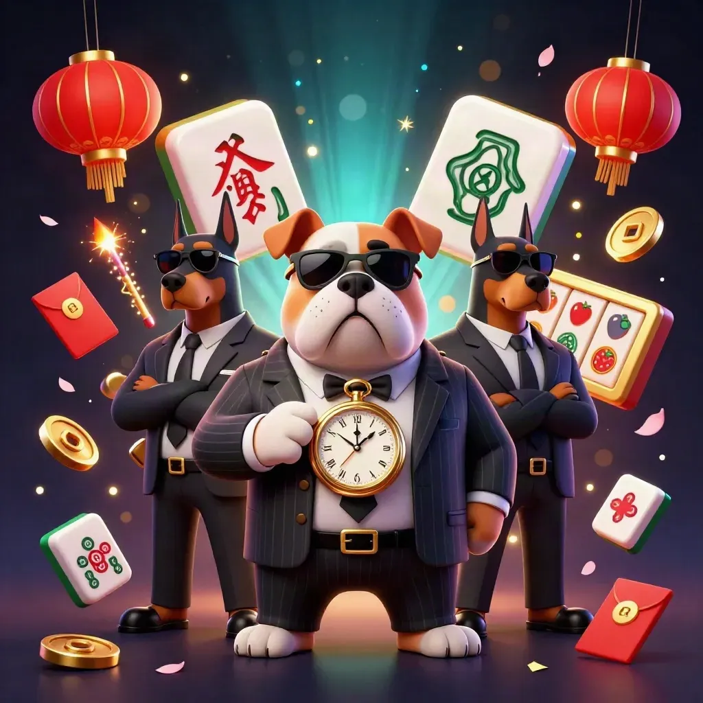 Bulldog mob boss with Dobermans amid casino icons, lanterns, coins, reels, and glowing effects.