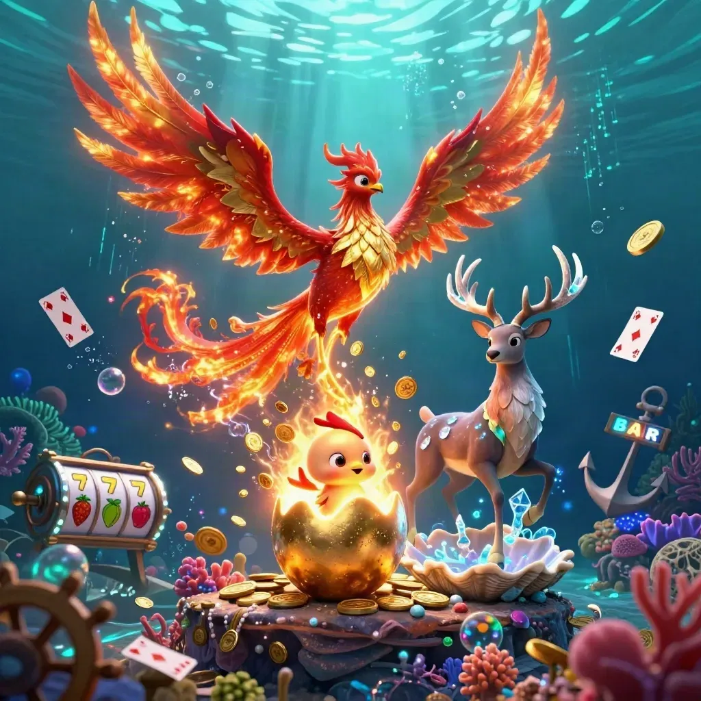 Phoenix, hatchling and crystal stag amid coin showers, coral, cards and neon underwater treasure