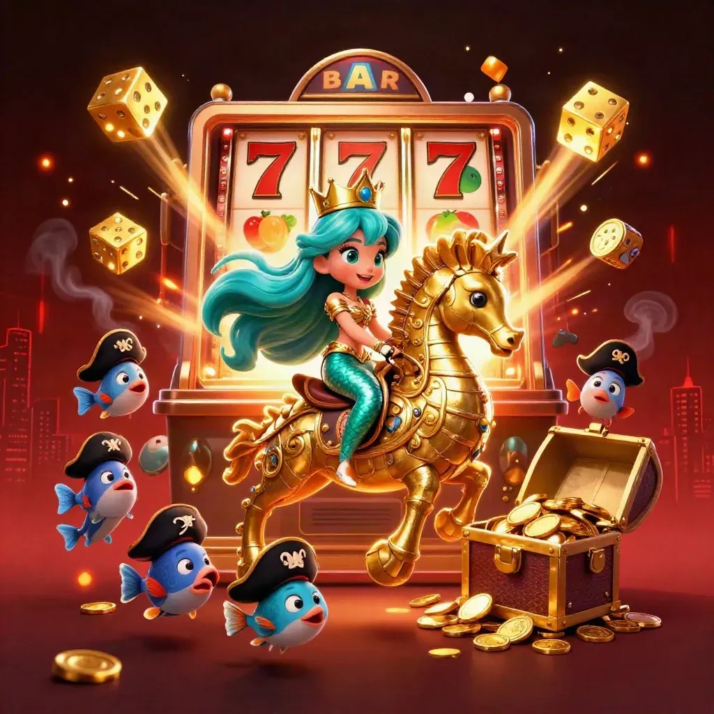 Mermaid princess on a golden seahorse with pirate fish, slot machine bursts, gold, teal, and crimson glow.