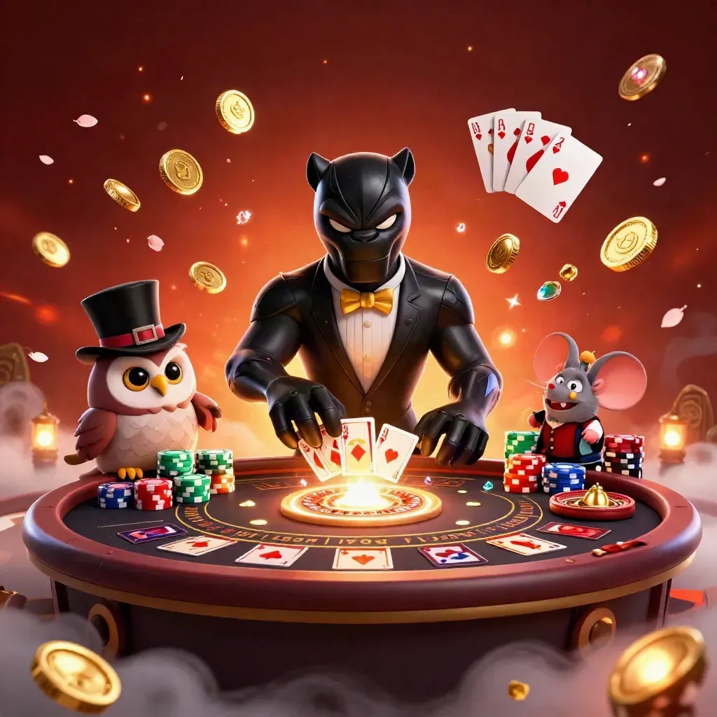 Panther, owl and mouse cluster around a glowing bonus medallion amid chips, cards and roulette sparks.