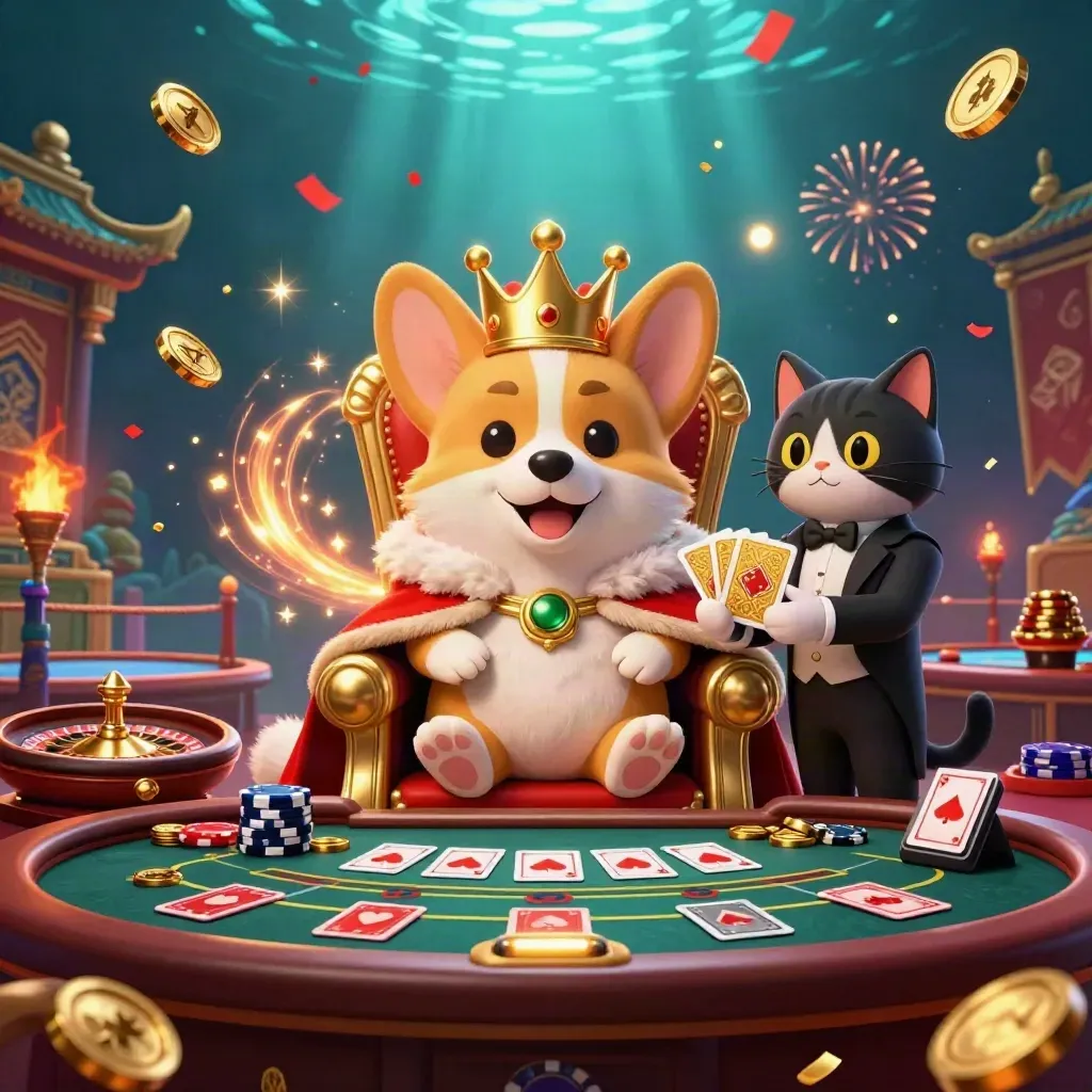 Royal corgi and cat butler amid casino chips, coins, roulette, and neon sparks.